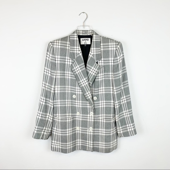 VINTAGE Kasper Black White Plaid Oversized Double Breasted Blazer 1990’s SIZE 10 - Picture 1 of 6
